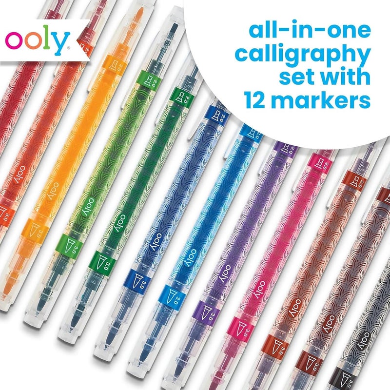 Ooly Calligraphy Duo - 12 Double Ended Calligraphy Pens for Writing & Hand Lettering, Dual Tip Pens for Beginners or Kids Includes 1 Brush & 1 Chisel Tip Pen in Classic Colors - Image 2
